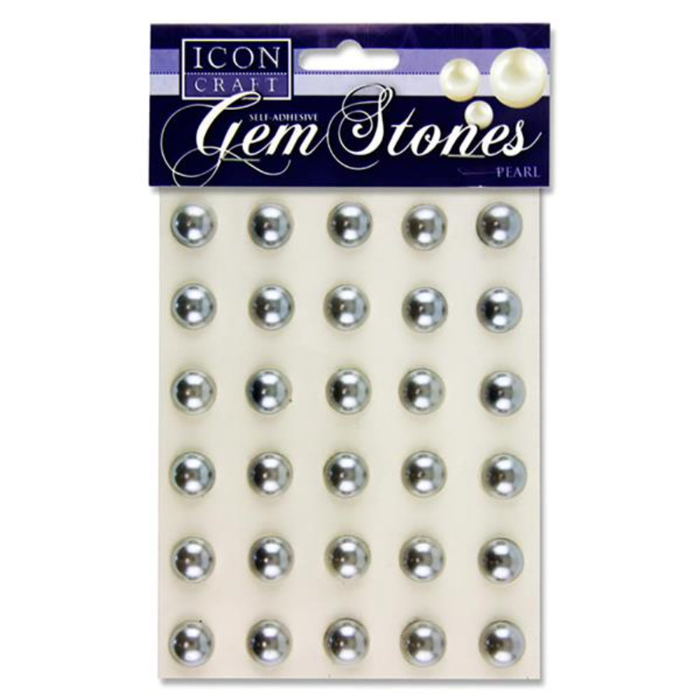 Icon Self Adhesive Gem Stones - 14mm - Pearl - Silver - Pack of 30