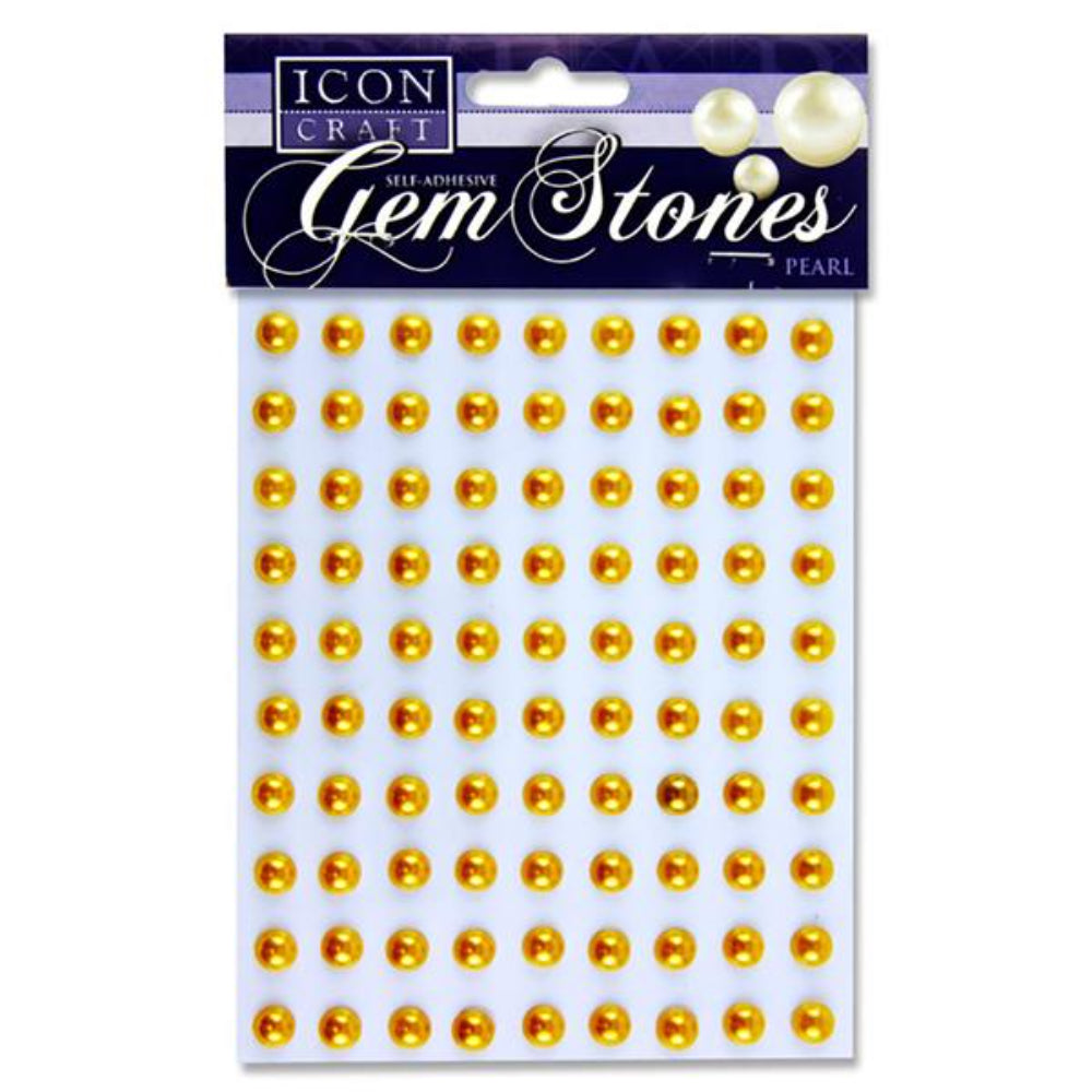Icon Self Adhesive Gem Stones - 8mm - Pearl - Gold - Pack of 90