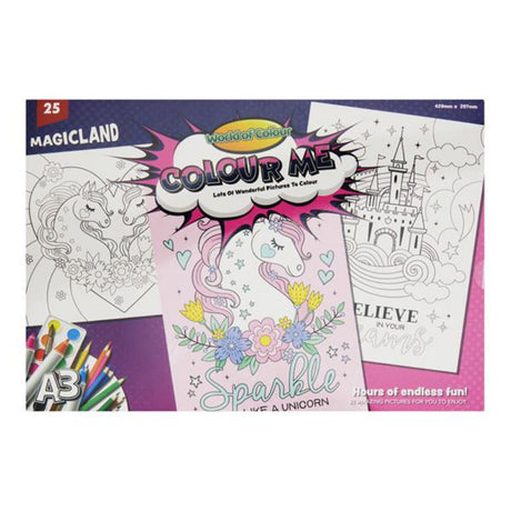 World of Colour A3 Colouring Book - 25 Sheets - Magicland with Unicorns-Kids Colouring Books-World of Colour|StationeryShop.co.uk