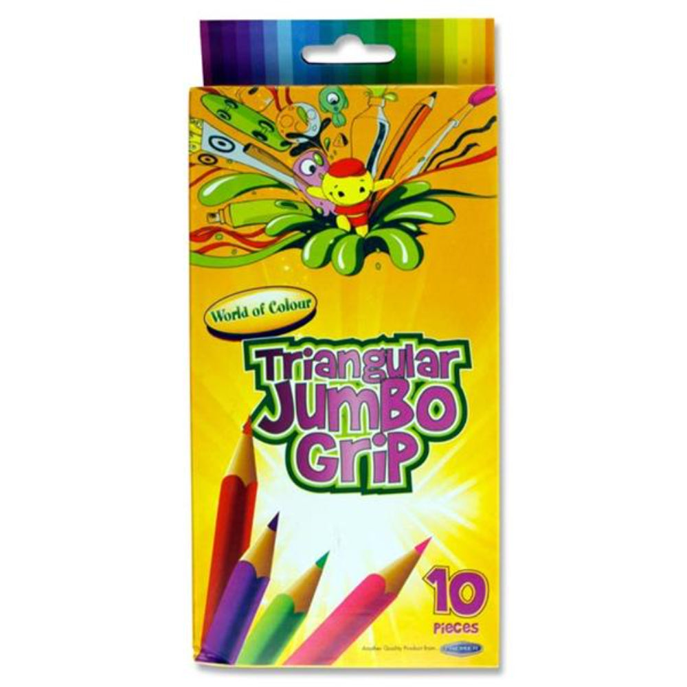 World of Colour Box of 10 Triangular Jumbo Grip Colouring Pencils + Sharpener-Colouring Pencils-World of Colour|StationeryShop.co.uk