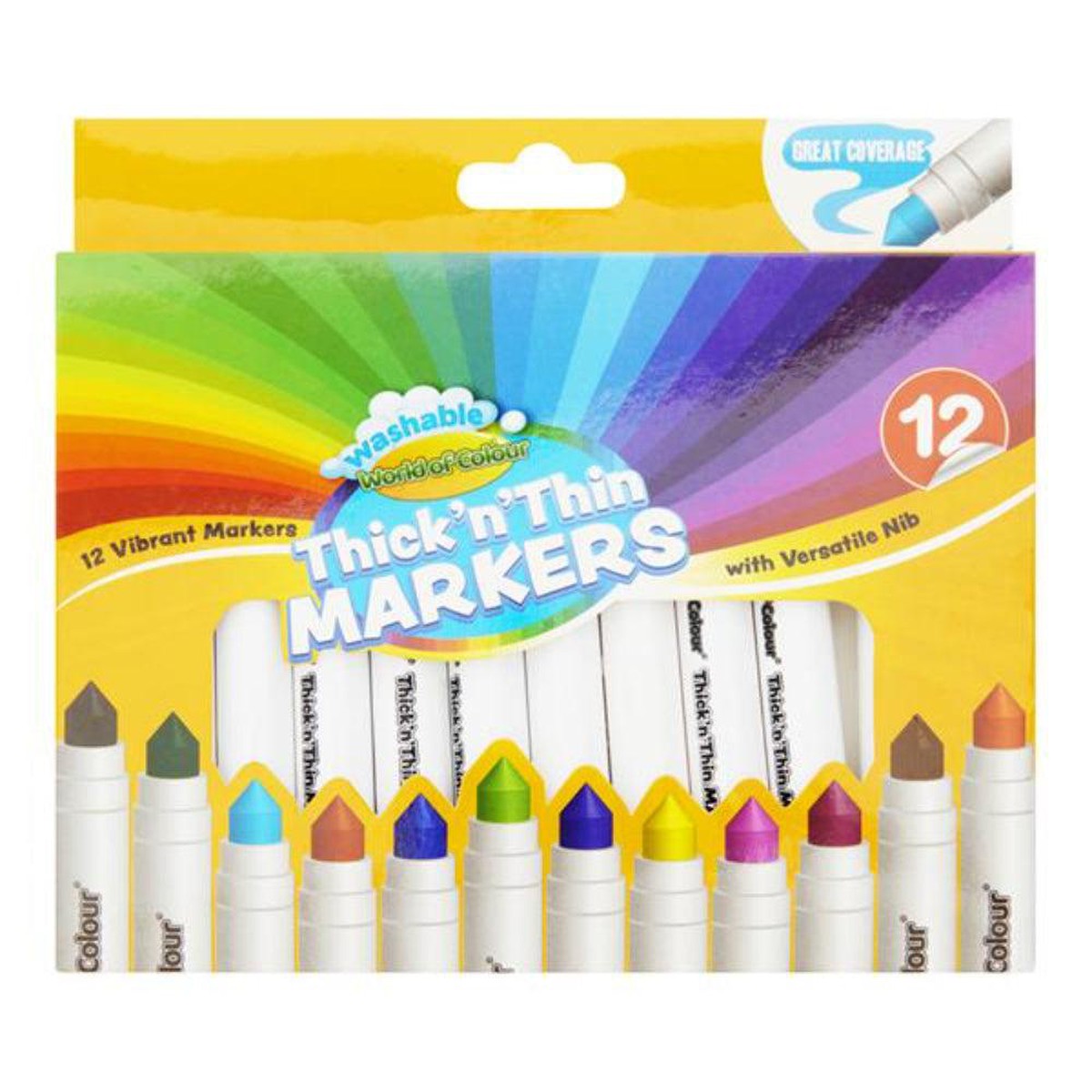 World of Colour Washable Thick'n'thin Markers with Versatile Nib - Pack of 12