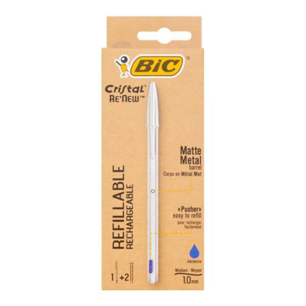 BIC Cristal Re'New Refillable Ballpoint Pen + 2 Refills - Blue Ink