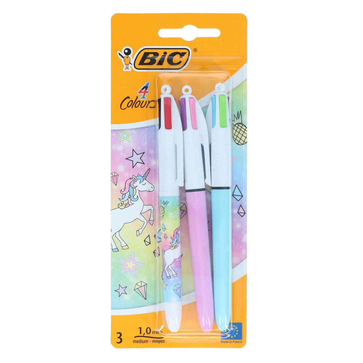 BIC 4 Colour Ballpoint Pens Pastel Unicorn - Pack of 3-Ballpoint Pens-BIC | Buy Online at Stationery Shop