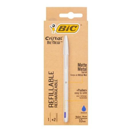 BIC Cristal Re'New Refillable Ballpoint Pen + 2 Refills - Blue Ink | Stationery Shop UK