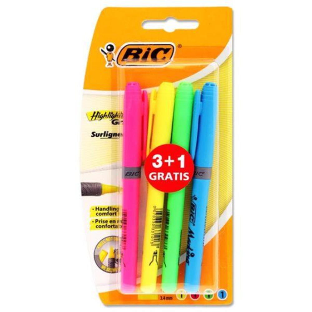 BIC Grip Highlighter Pen - Pack of 3+1 | Stationery Shop UK