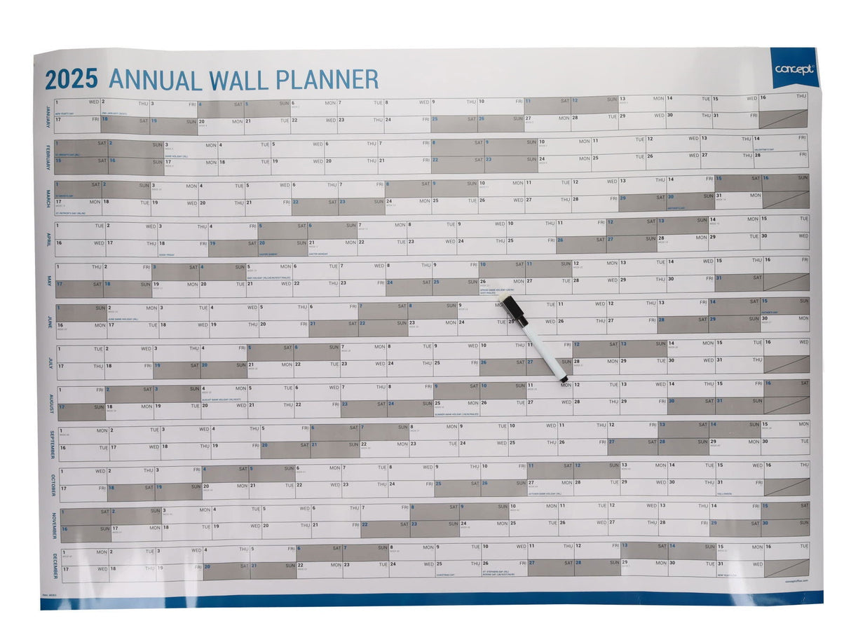 Concept 2025 Annual Wall Planner With Dry Wipe Marker - A1