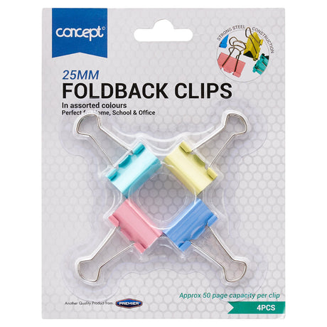 Concept 25mm Fold Back Binder Clips - Multicoloured - Pack of 4 | Stationery Shop UK