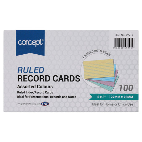 Concept 5 x 3 Ruled Record Cards - Colour - Pack of 100 | Stationery Shop UK