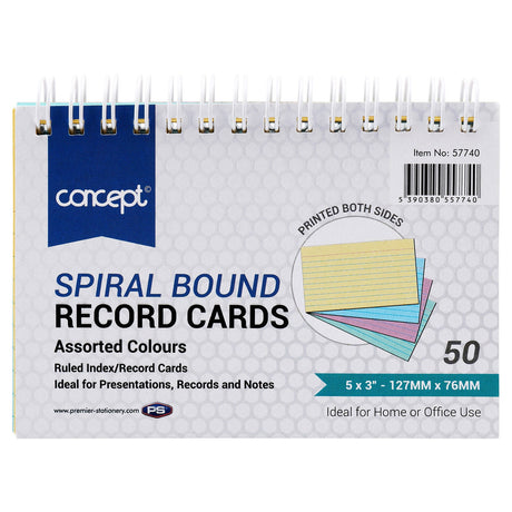 Concept 5x3 Spiral Ruled Index Cards - Colour - 50 Cards-Index Cards & Boxes-Concept|StationeryShop.co.uk