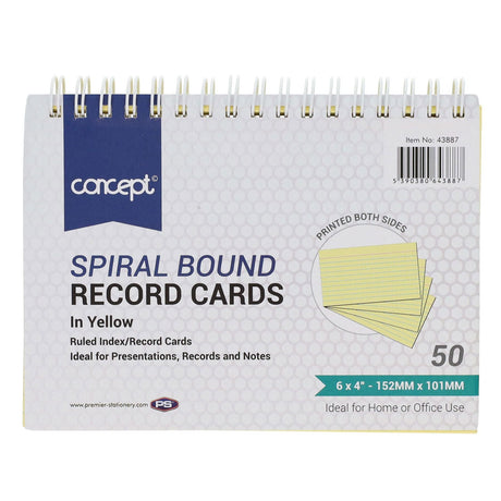 Concept 6 x 4 Spiral Bound Index Card - Yellow - Pack of 50 | Stationery Shop UK