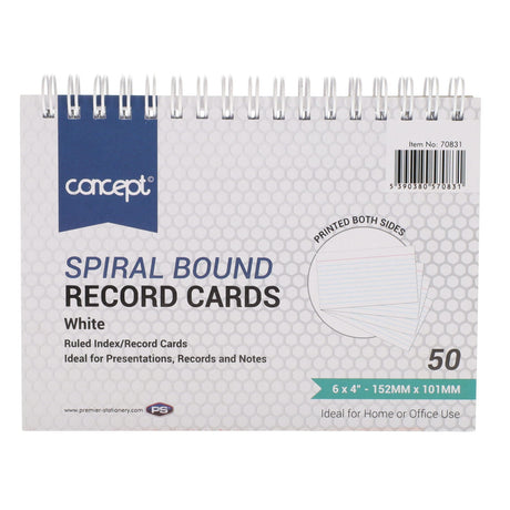 Concept 6x4 Spiral Ruled Index Cards - White - 50 Cards-Index Cards & Boxes-Concept|StationeryShop.co.uk