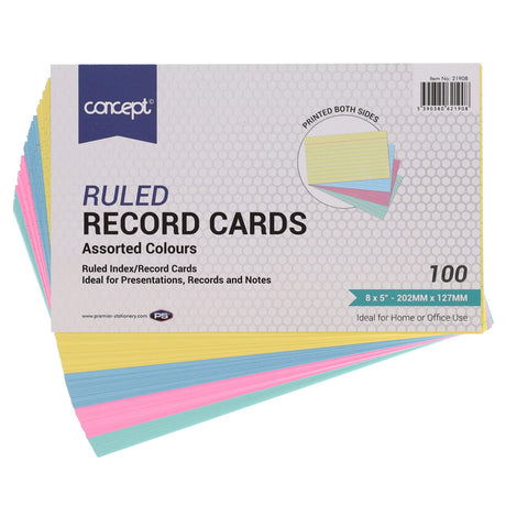 Concept 8 x 5 Ruled Record Cards - Colour - Pack of 100 | Stationery Shop UK