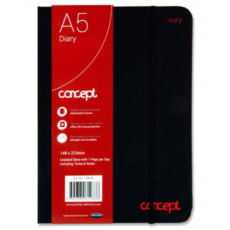 Concept A5 Undated Diary with Times & Notes - Page A Day - Black | Stationery Shop UK