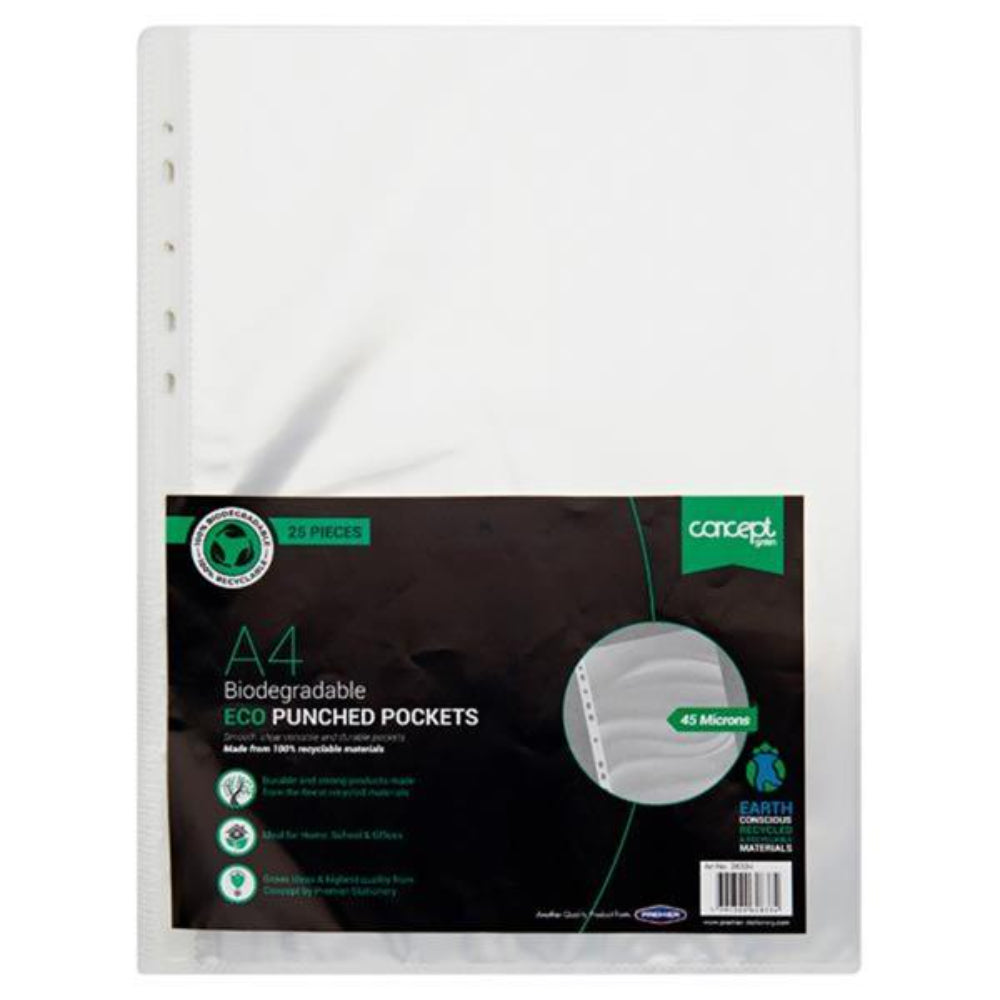 Concept Green A4 Eco Biodegradable Punched Pockets - Pack of 25 | Stationery Shop UK