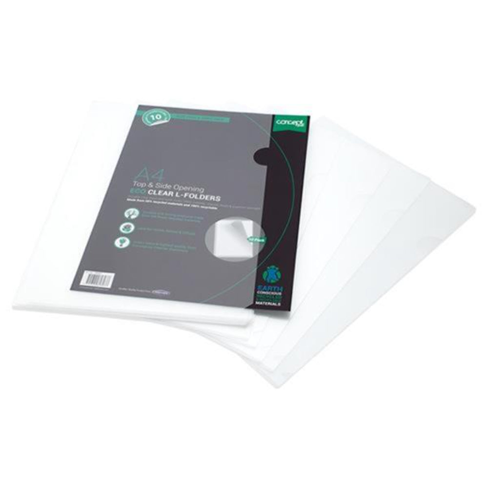 Concept Green A4 Eco Top & Side Opening L-Shaped Folders - Clear - Pack of 10-Report & Clip Files-Concept Green | Buy Online at Stationery Shop
