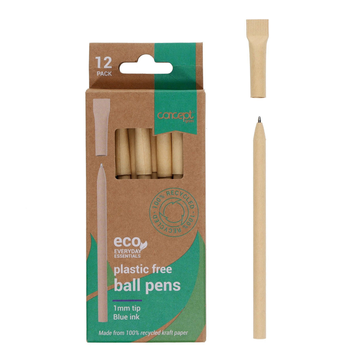 Concept Green Ball Pens - 1mm - Blue Ink - Pack of 12 | Stationery Shop UK