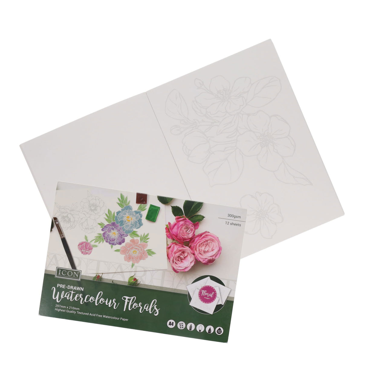 Icon A4 Pre-Drawn Watercolour Paper Pad 12 Sheets - 300gsm- Florals