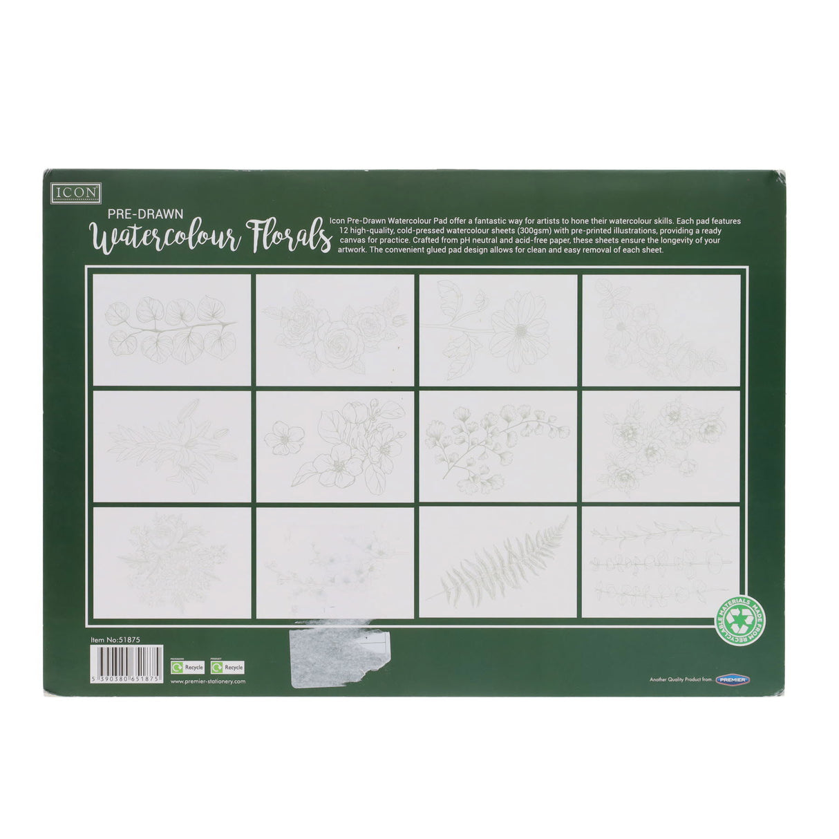 Icon A4 Pre-Drawn Watercolour Paper Pad 12 Sheets - 300gsm- Florals