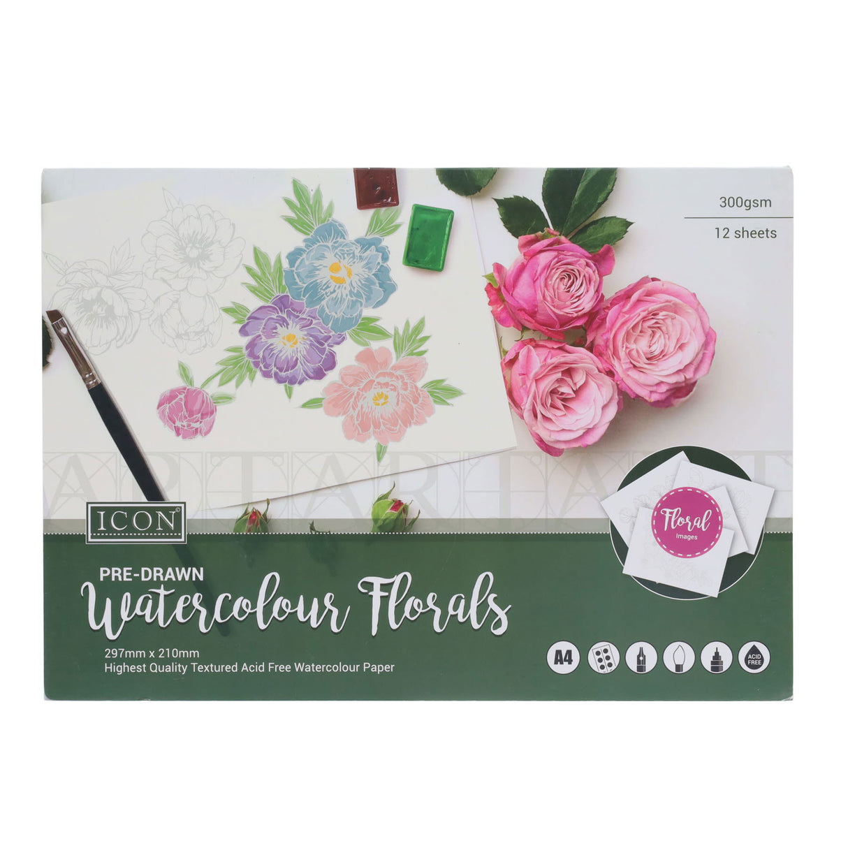 Icon A4 Pre-Drawn Watercolour Paper Pad 12 Sheets - 300gsm- Florals