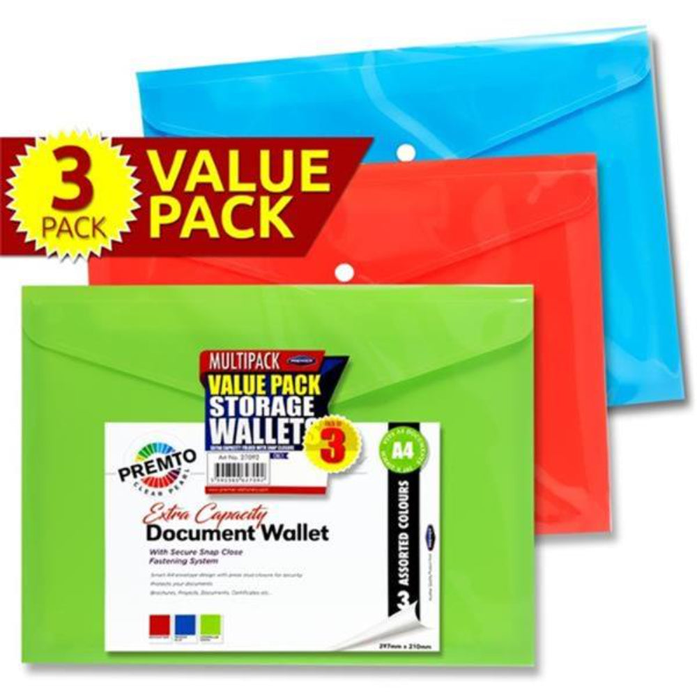 Premto A4 Multipack | Extra Capacity Document Wallet - Series 1 - Pack of 3 | Stationery Shop UK