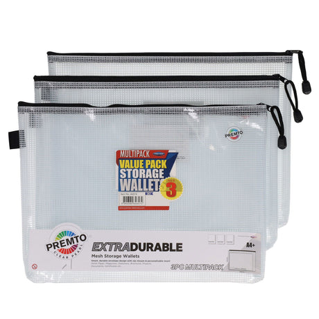 Premto Multipack | A4+ Extra Durable Mesh Storage Wallet - Clear Pearl - Pack of 3
