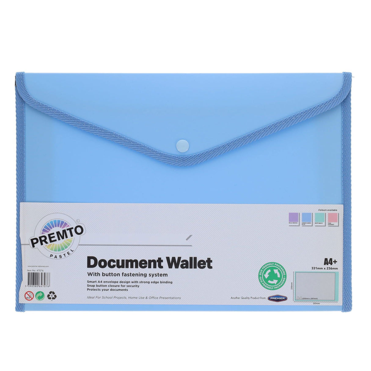 Premto Pastel A4+ Button Wallet - Cornflower Blue-Document Folders & Wallets- Buy Online at Stationery Shop UK