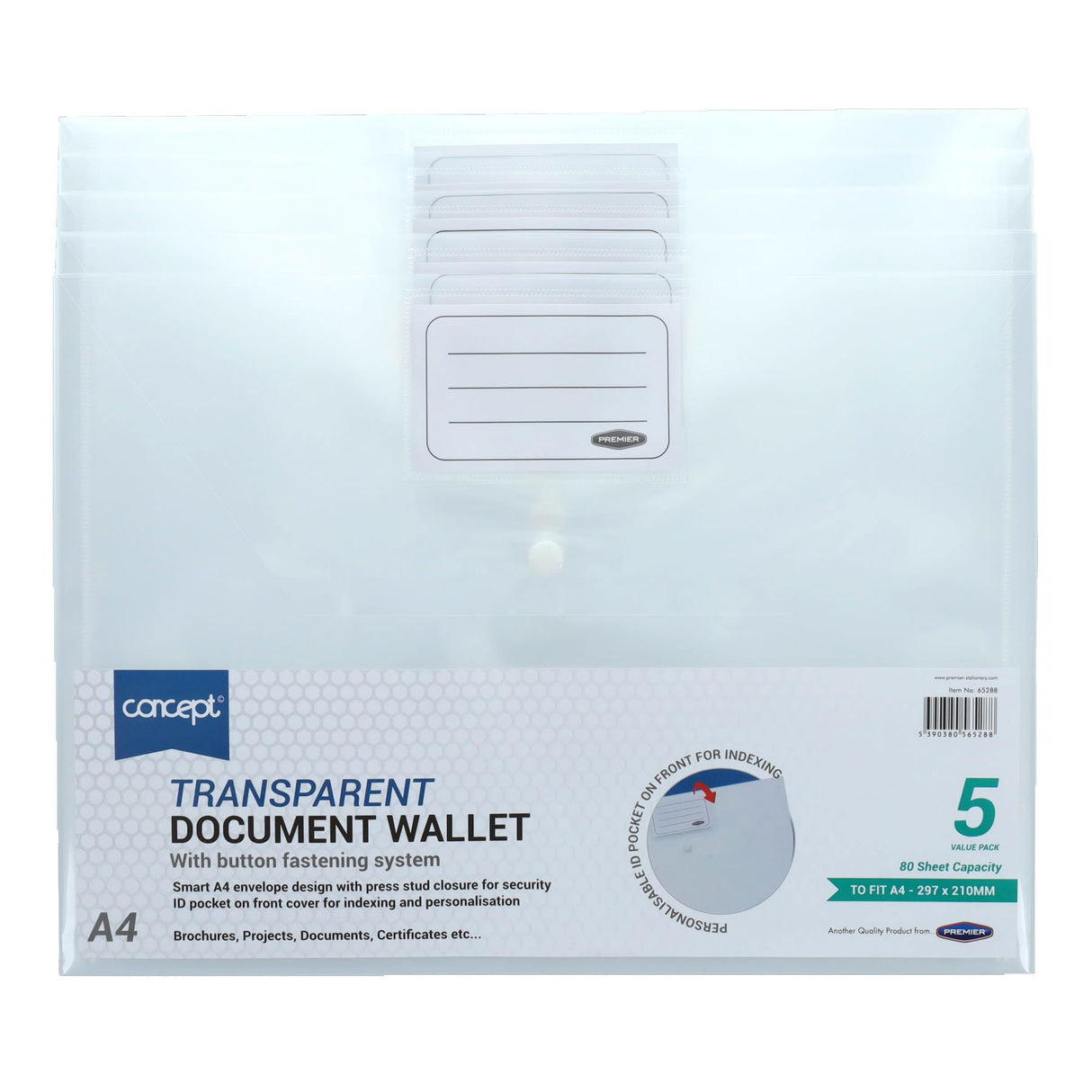 Premier Office Multipack | A4 Button Wallet - Clear - Pack of 5 | Stationery Shop UK