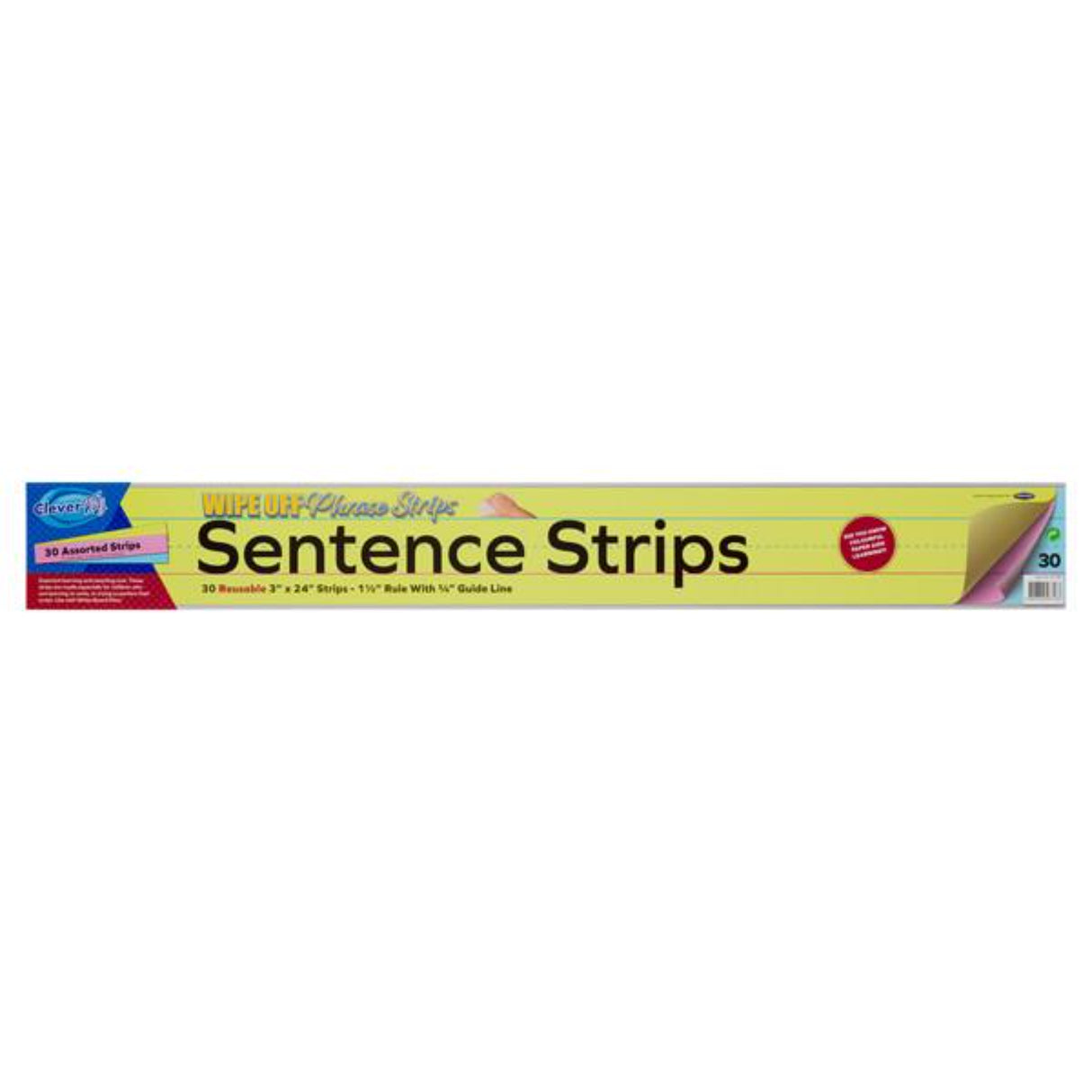 Clever Kidz Wipe-Off Reusable Sentence Strips - 3 x 24 - Coloured - Pack of 30