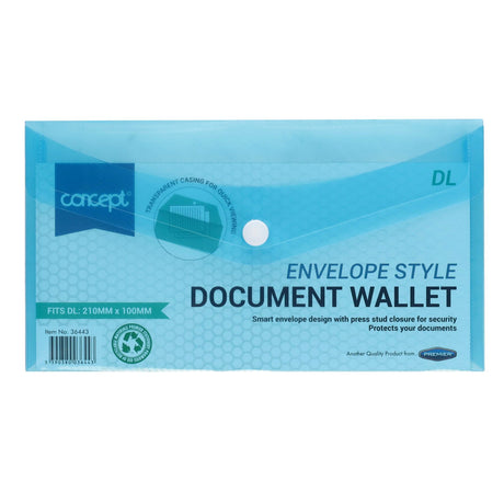 Premier Office DL Envelope-Style Document Wallet with Button - Clear Blue | Stationery Shop UK
