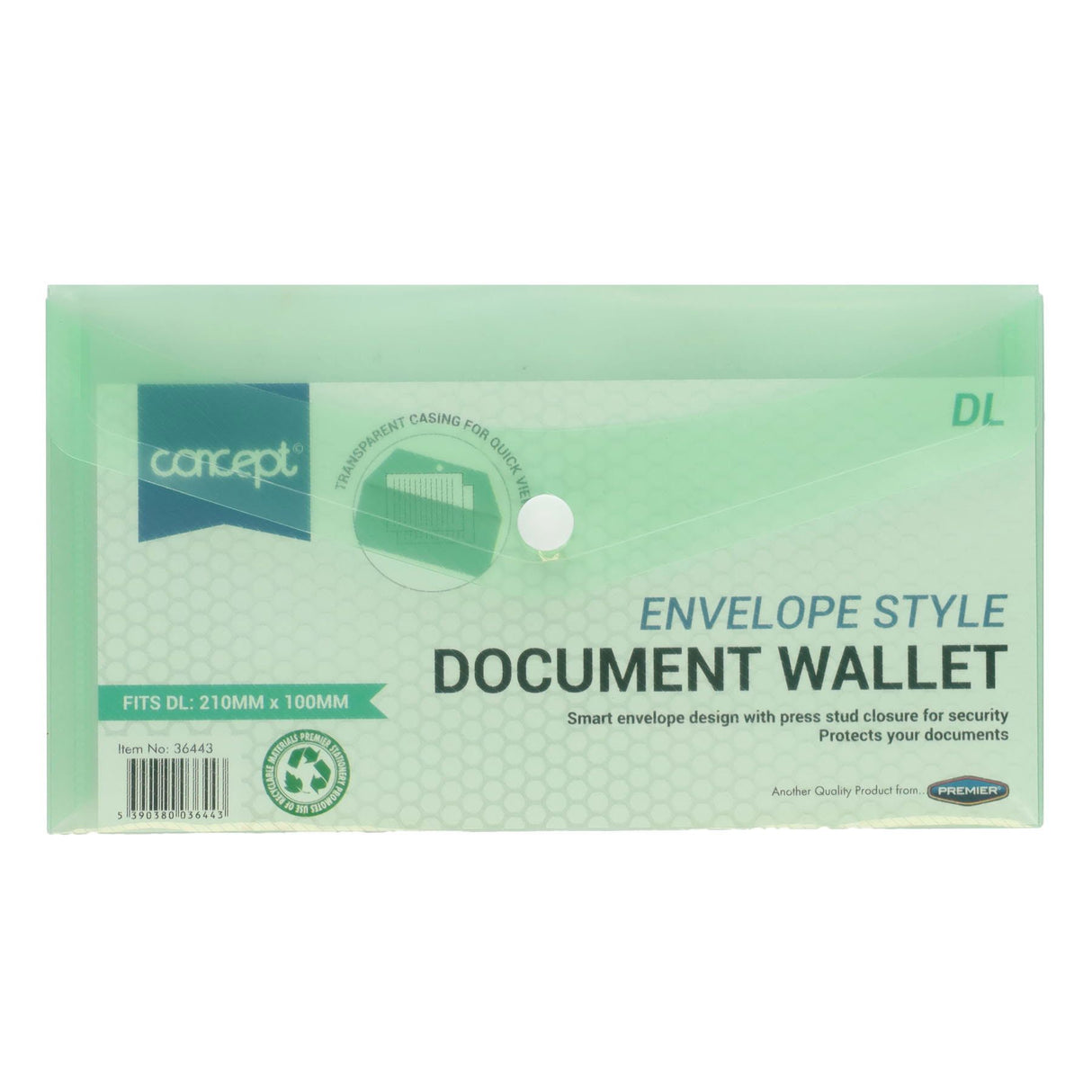 Premier Office DL Envelope-Style Document Wallet with Button - Clear Green | Stationery Shop UK