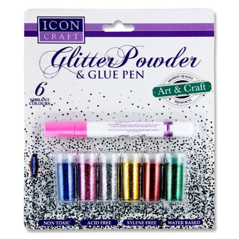 Icon 5g Vibrant Glitter Tubs & Glue Pen - 6 Tubs & 1 Glue Pen | Stationery Shop UK