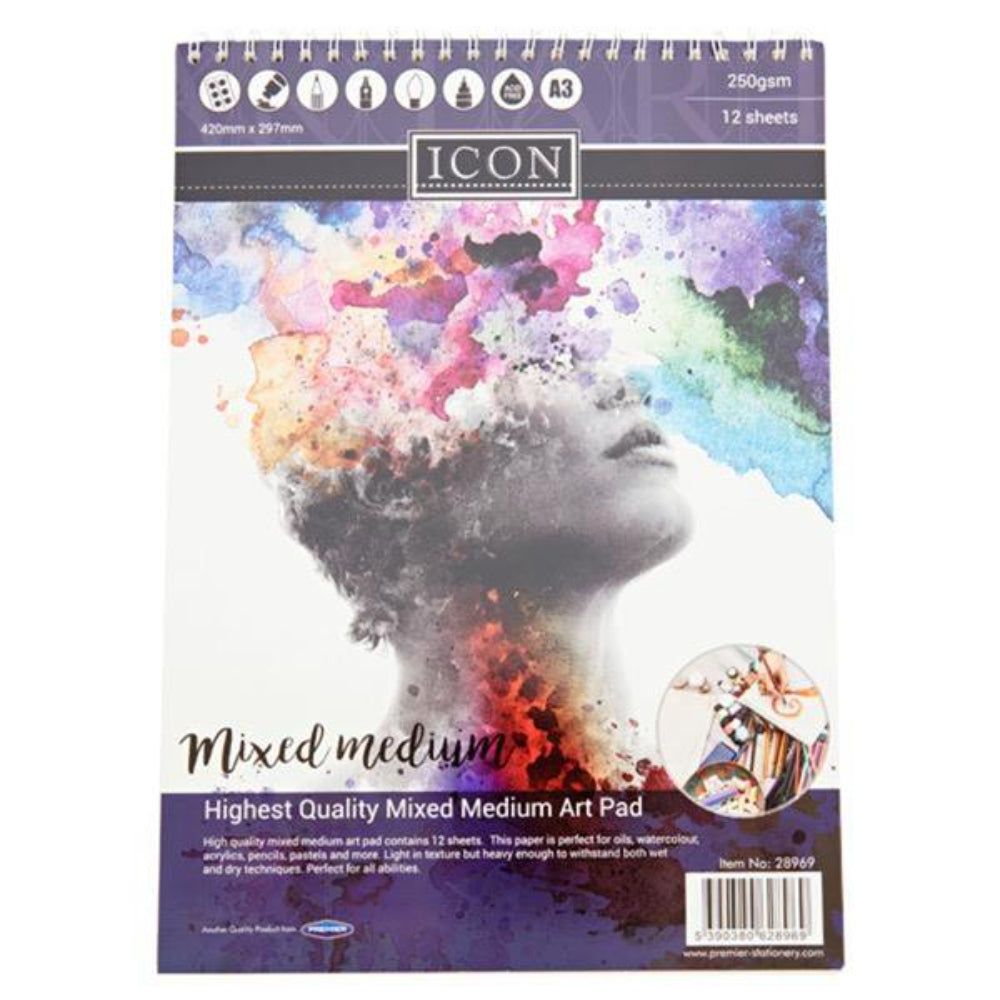 Icon A3 Mixed Medium Art Pad - 250gsm - 12 Sheets-Drawing & Painting Paper-Icon | Buy Online at Stationery Shop