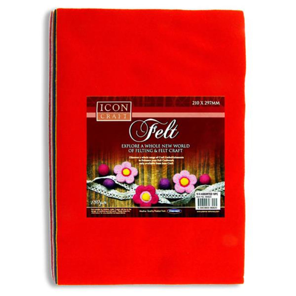 Icon A4 Felt Sheet - Assorted Colours - Pack of 10-Felt-Icon | Buy Online at Stationery Shop