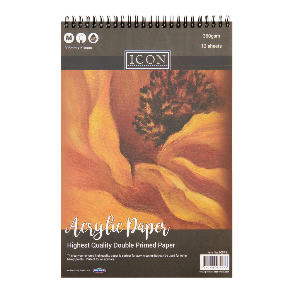 Icon A4 Wiro Acrylic Paint Pad - 360gsm - 12 Sheets | Stationery Shop UK