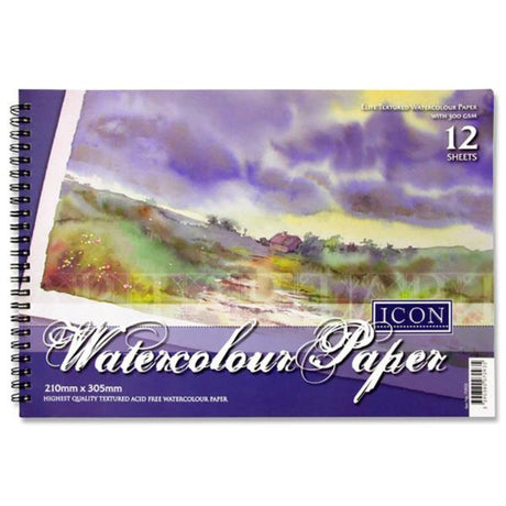 Icon A4 Wiro Watercolour Pad - 300gsm - 12 Sheets-Drawing & Painting Paper-Icon|StationeryShop.co.uk