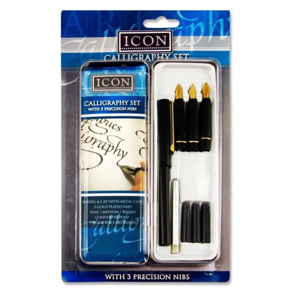 Icon Calligraphy Pen Set in Tin with 3 Gold-Plated Nibs, 3 Ink Cartridges & Converter-Artist Sets-Icon | Buy Online at Stationery Shop