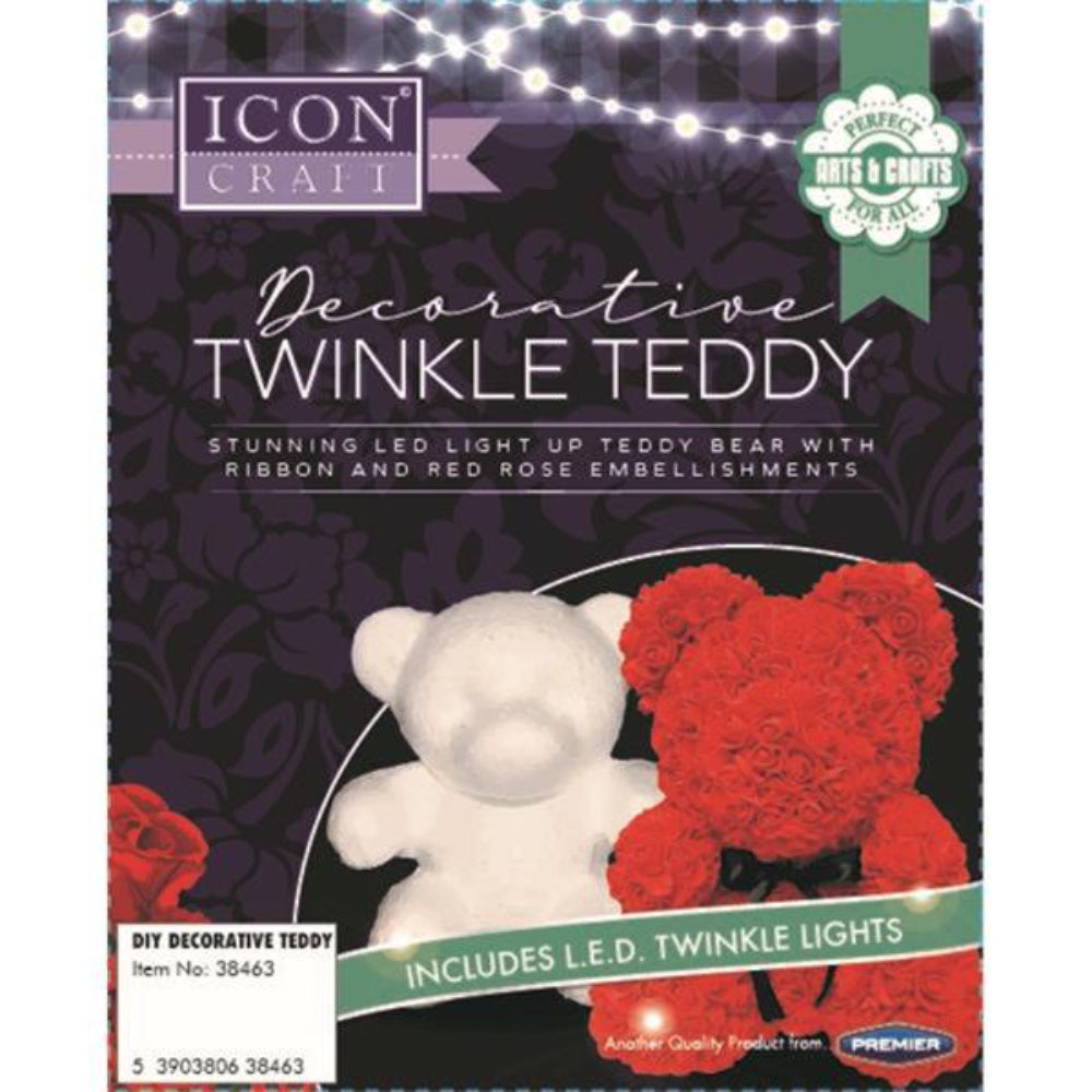 Icon DIY Decorative Twinkle Teddy Bear with LED Lights, Roses and Clear Box | Stationery Shop UK
