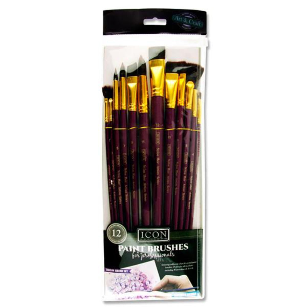 Icon Long Handle Brush Set - Firm Burgundy - 12 Pieces-Paint Brushes-Icon|StationeryShop.co.uk
