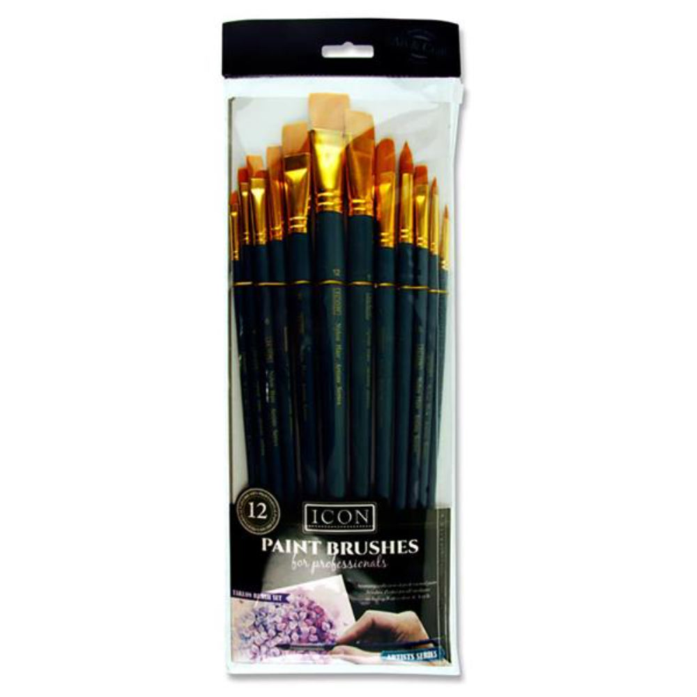 Icon Long Handle Brush Set - Med Golden Taklon - 12 Pieces-Paint Brushes-Icon|StationeryShop.co.uk