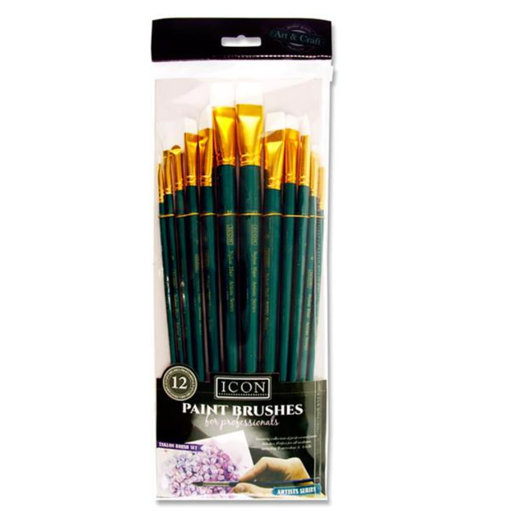 Icon Long Handle Brush Set - Med WhiteTaklon - 12 Pieces-Paint Brushes-Icon|StationeryShop.co.uk