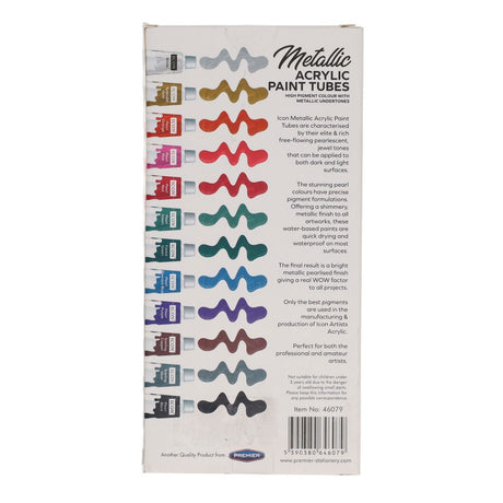 Icon Metallic Acrylic Paint Tubes - 12ml - Pack of 12