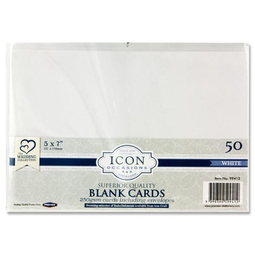 Icon Occasions 5x7 Cards & Envelopes - 250gsm - White - Pack of 50 | Stationery Shop UK