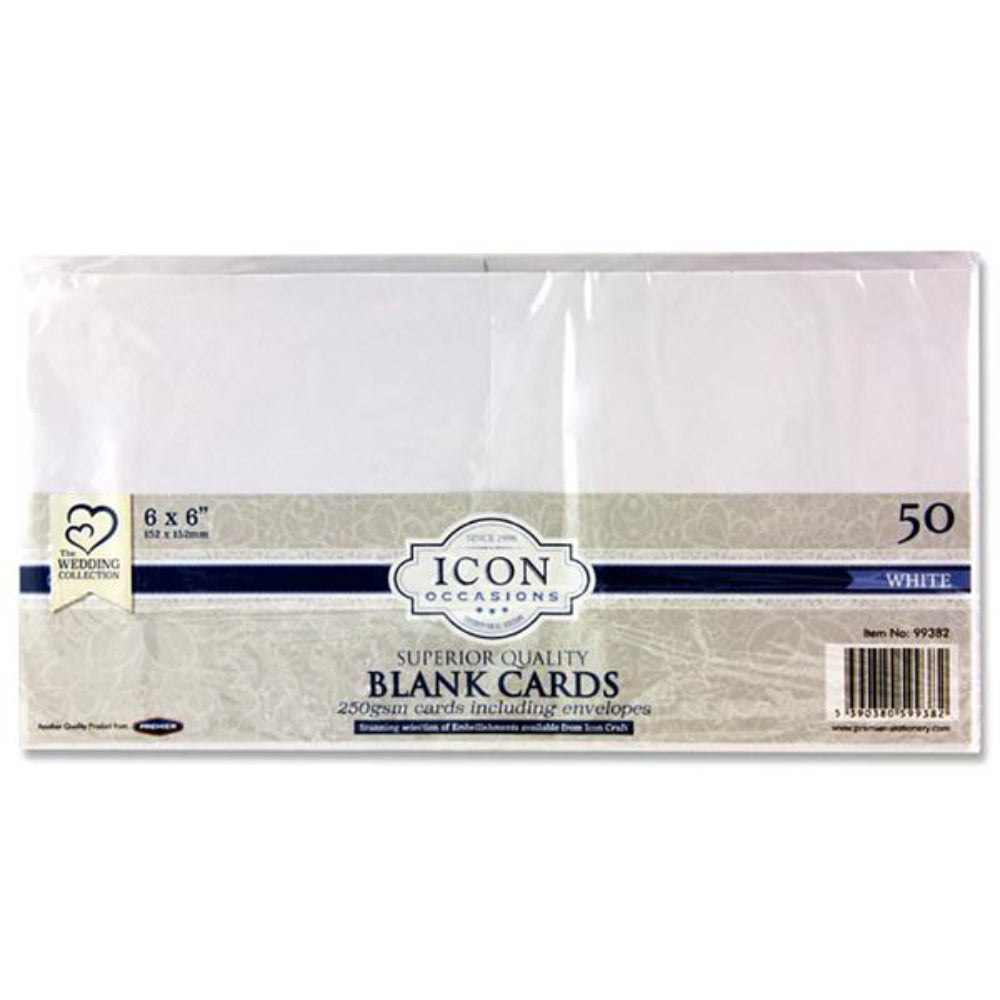 Icon Occasions 6x6 Cards & Envelopes - 250gsm - White - Pack of 50 | Stationery Shop UK
