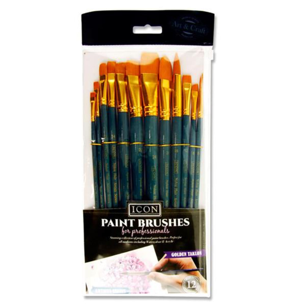 Icon Short Handle Brush Set - Med Golden Taklon - 12 Pieces in Wallet-Paint Brushes-Icon|StationeryShop.co.uk