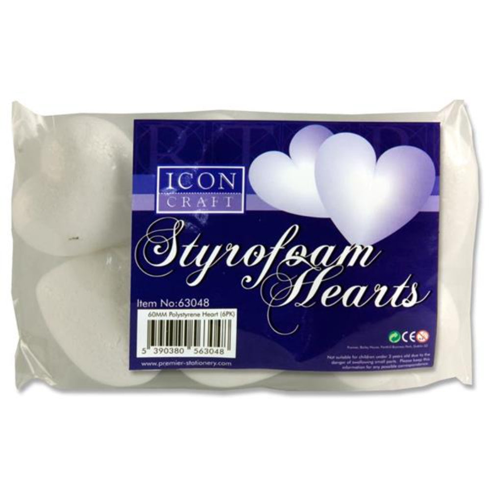 Icon Styrofoam Hearts - 60mm - Pack of 6 | Stationery Shop UK