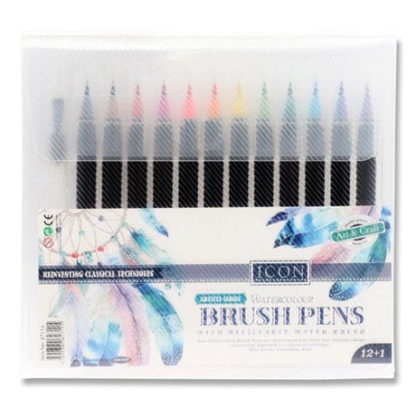 Icon Watercolour Brush Pens with Water Brush - Pack of 12-Brush Pens-Icon|StationeryShop.co.uk