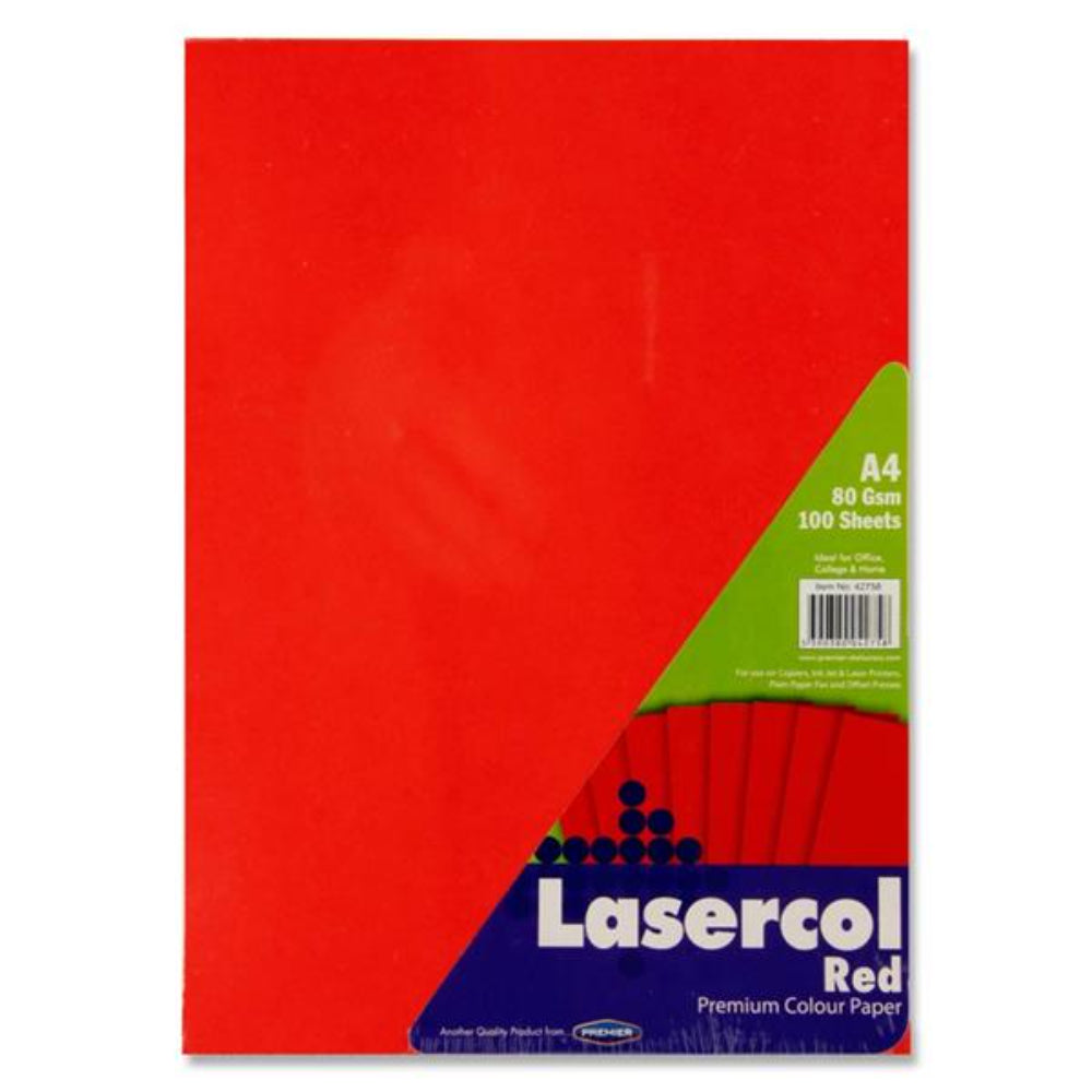Lasercol A4 Colour Paper - 80gsm - Red - 100 Sheets | Stationery Shop UK