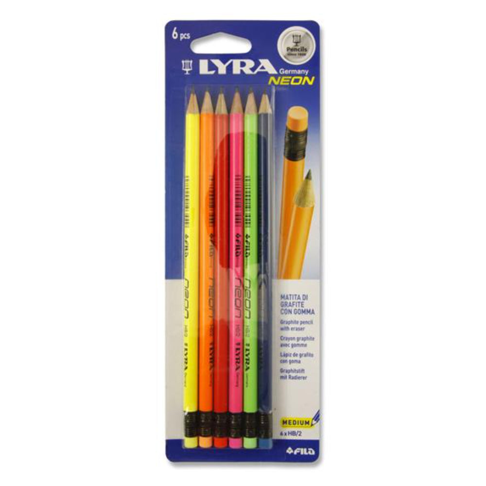 Lyra Rubber Tipped HB Pencils - Neon - Pack of 6-Pencils-Lyra|StationeryShop.co.uk