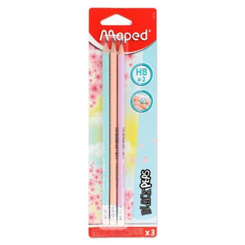 Maped Black'Peps Ergo HB Rubber Tipped Pencils - Pastel - Pack of 3