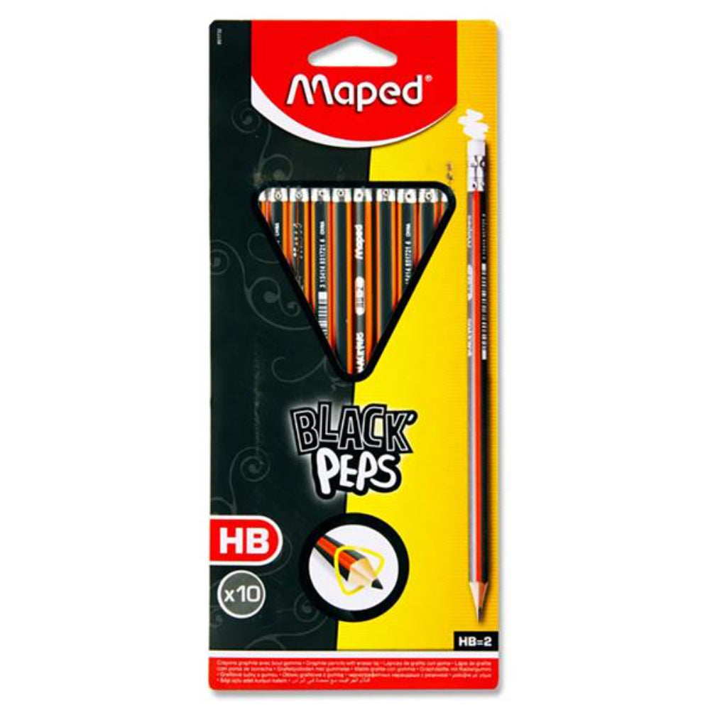 Maped Black'Peps Triangular HB Rubber Tripped Pencils - Box of 10 | Stationery Shop UK
